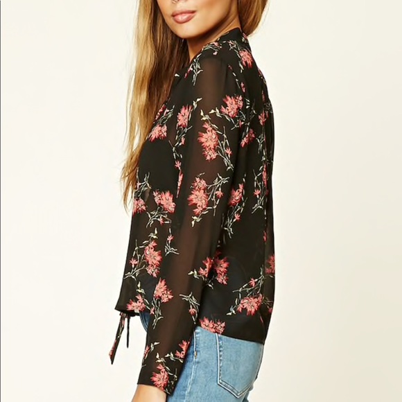 sheer floral tie neck top - Picture 2 of 4